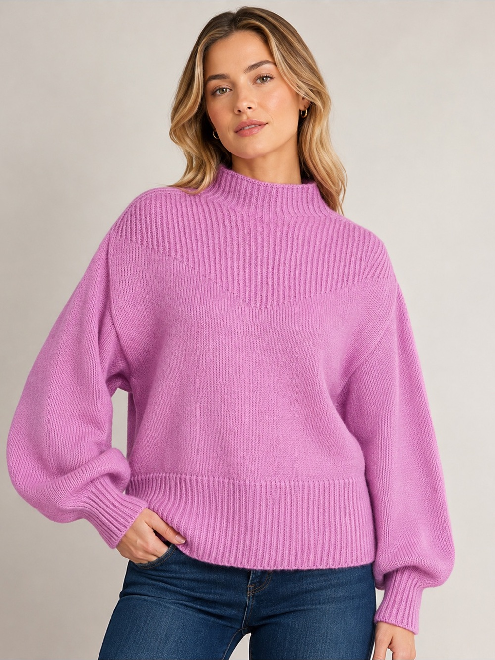 Zenana Balloon Sleeve Mock Neck Sweater